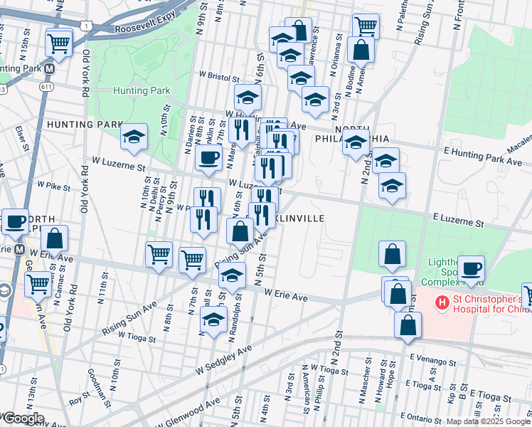 map of restaurants, bars, coffee shops, grocery stores, and more near 3917 North Reese Street in Philadelphia