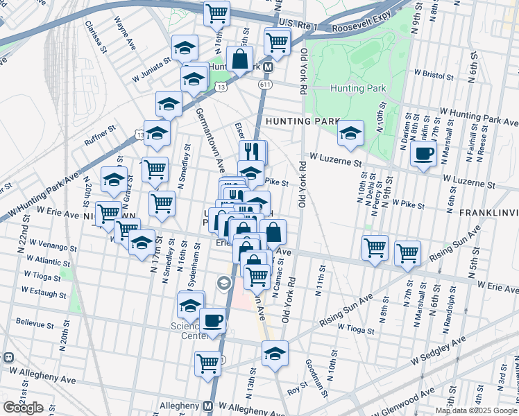 map of restaurants, bars, coffee shops, grocery stores, and more near 1323 West Butler Street in Philadelphia