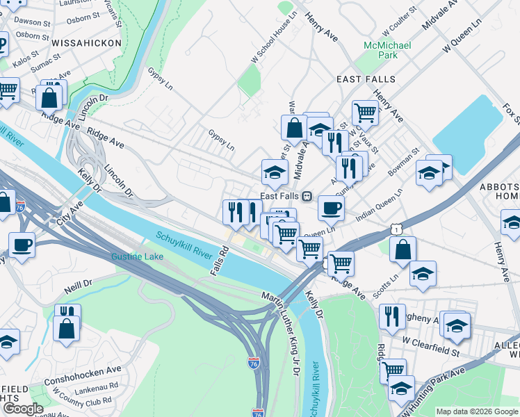 map of restaurants, bars, coffee shops, grocery stores, and more near 3678 Calumet Street in Philadelphia