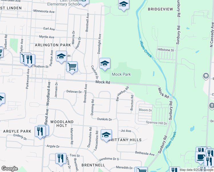 map of restaurants, bars, coffee shops, grocery stores, and more near 2487 Mock Road in Columbus