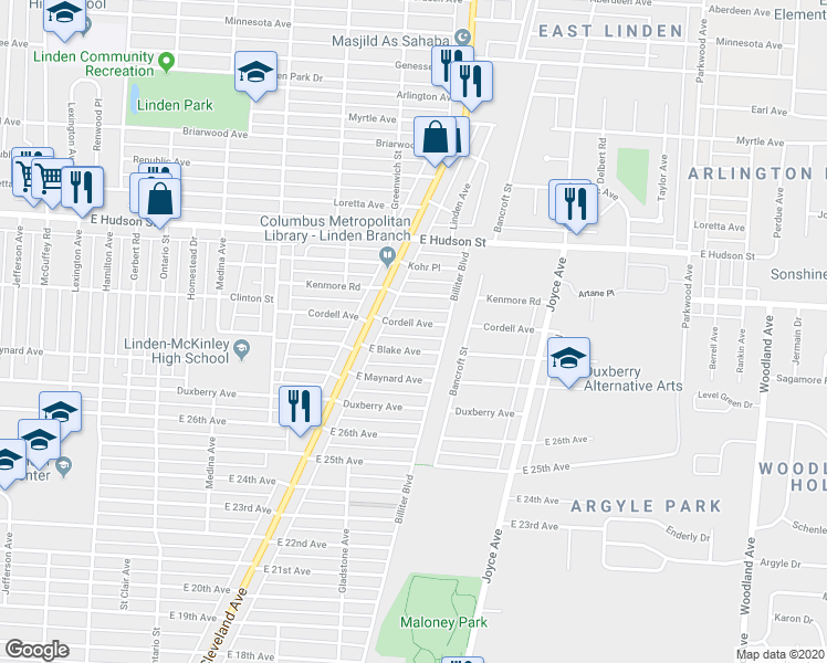 map of restaurants, bars, coffee shops, grocery stores, and more near 1607 Cordell Avenue in Columbus