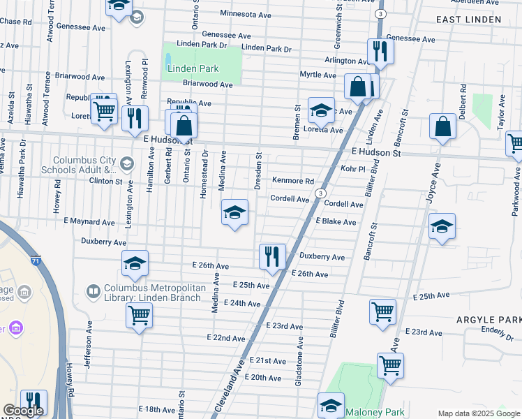 map of restaurants, bars, coffee shops, grocery stores, and more near 2186 Dresden Street in Columbus