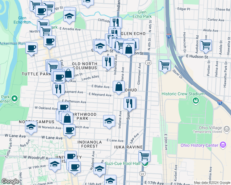 map of restaurants, bars, coffee shops, grocery stores, and more near 2339 Indianola Avenue in Columbus