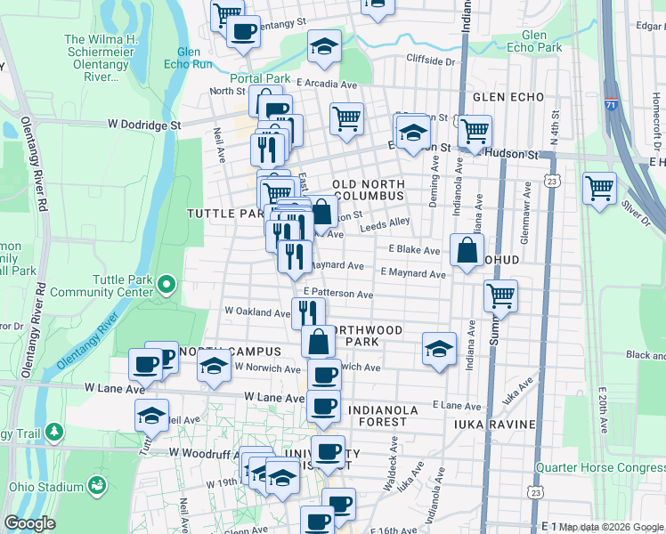 map of restaurants, bars, coffee shops, grocery stores, and more near 63 East Maynard Avenue in Columbus
