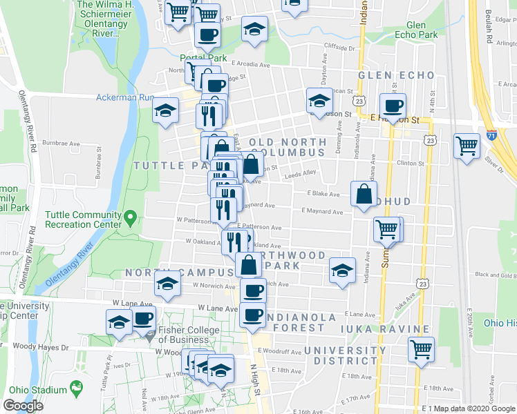 map of restaurants, bars, coffee shops, grocery stores, and more near 63 East Maynard Avenue in Columbus