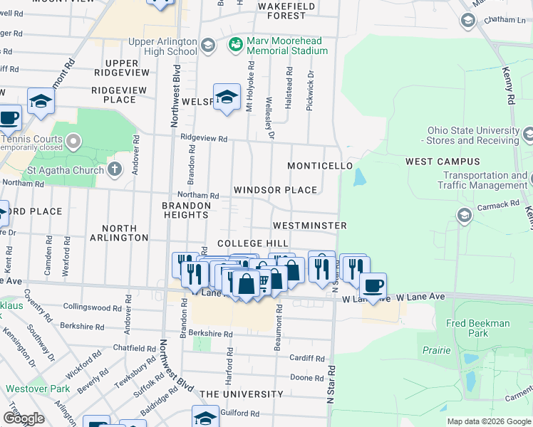 map of restaurants, bars, coffee shops, grocery stores, and more near 2615 Wellesley Drive in Columbus