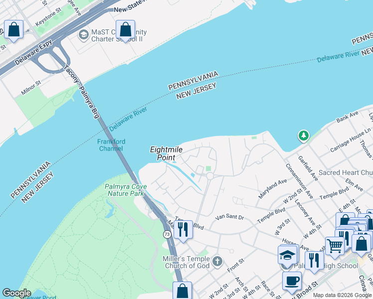 map of restaurants, bars, coffee shops, grocery stores, and more near 6008 Riverfront Drive in Palmyra