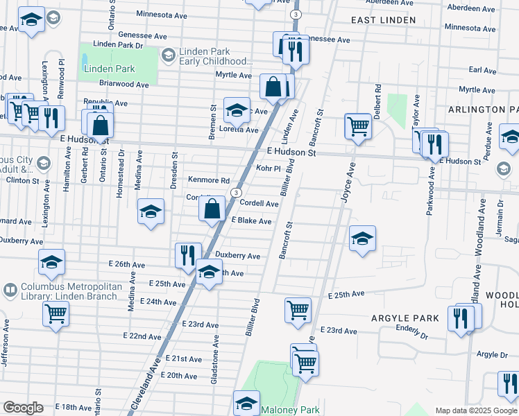 map of restaurants, bars, coffee shops, grocery stores, and more near 1607 Cordell Avenue in Columbus