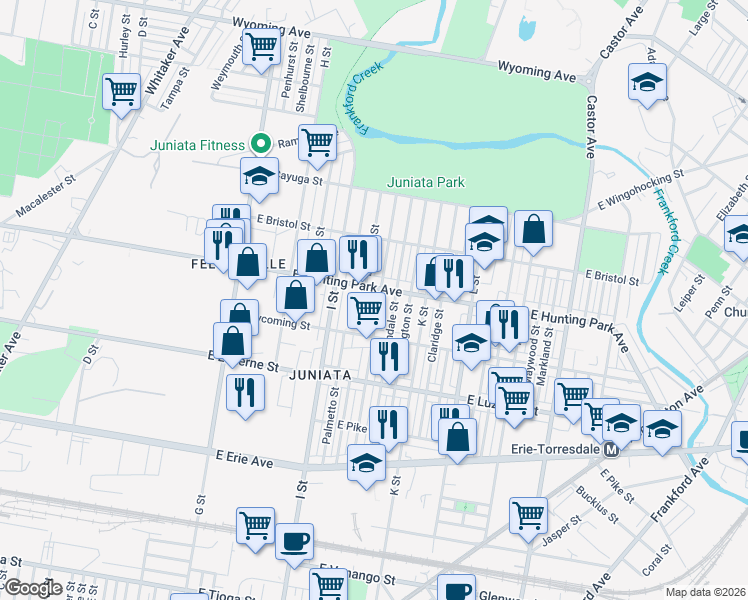 map of restaurants, bars, coffee shops, grocery stores, and more near 4140 J Street in Philadelphia