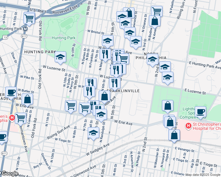 map of restaurants, bars, coffee shops, grocery stores, and more near 3910 North Reese Street in Philadelphia