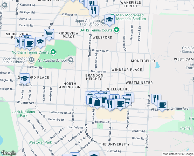 map of restaurants, bars, coffee shops, grocery stores, and more near 2654 Brandon Road in Columbus