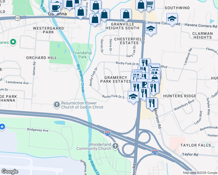 map of restaurants, bars, coffee shops, grocery stores, and more near 328 Cliffview Drive in Columbus