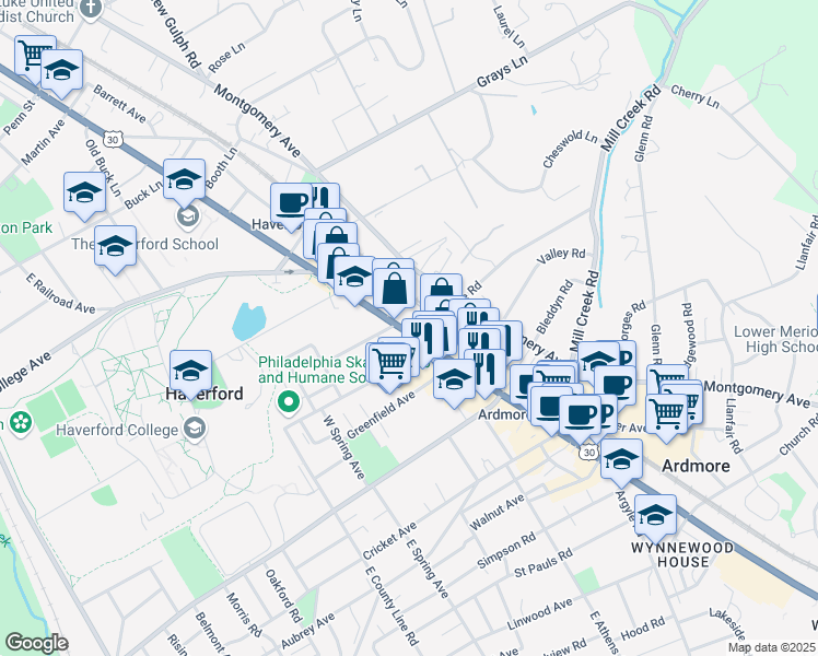 map of restaurants, bars, coffee shops, grocery stores, and more near 317 Lincoln Highway in Ardmore