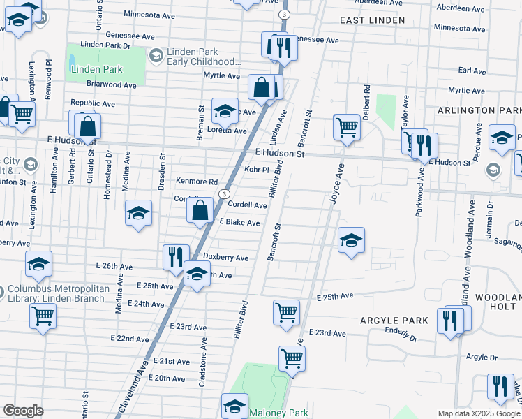 map of restaurants, bars, coffee shops, grocery stores, and more near 1607 Cordell Avenue in Columbus