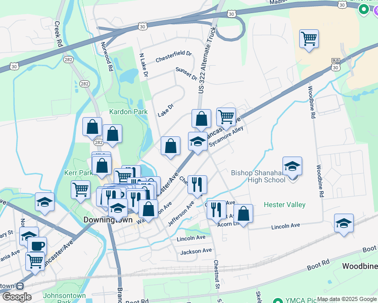map of restaurants, bars, coffee shops, grocery stores, and more near 441 East Lancaster Avenue in Downingtown