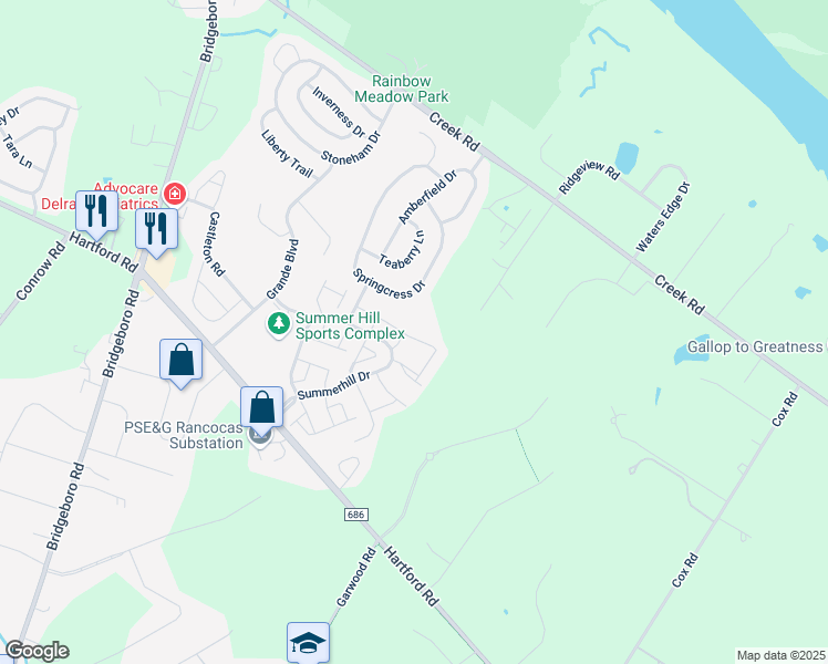 map of restaurants, bars, coffee shops, grocery stores, and more near 85 Foxglove Drive in Delran