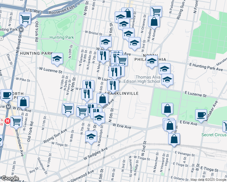 map of restaurants, bars, coffee shops, grocery stores, and more near 3917 North Reese Street in Philadelphia