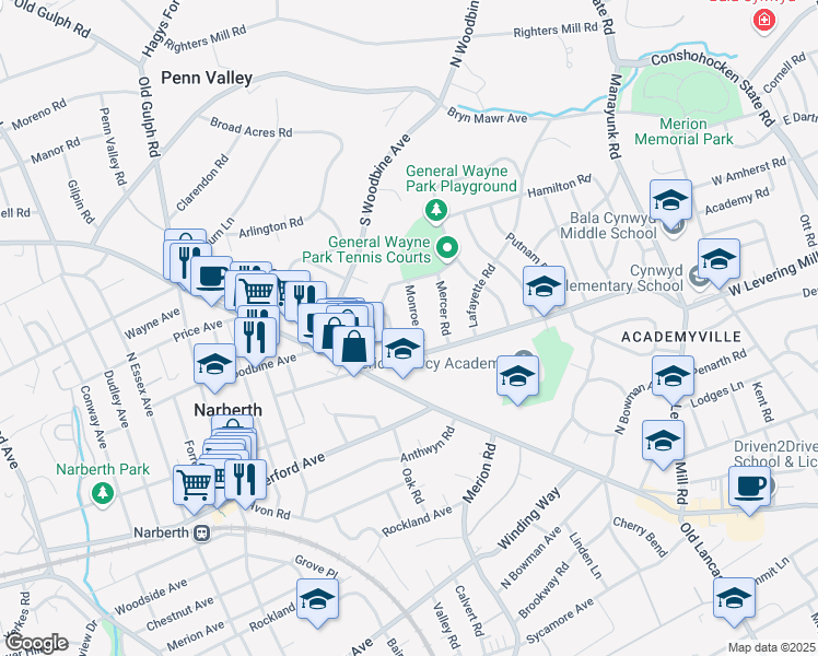 map of restaurants, bars, coffee shops, grocery stores, and more near 512 Monroe Road in Merion Station