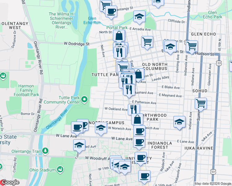 map of restaurants, bars, coffee shops, grocery stores, and more near 45 West Maynard Avenue in Columbus