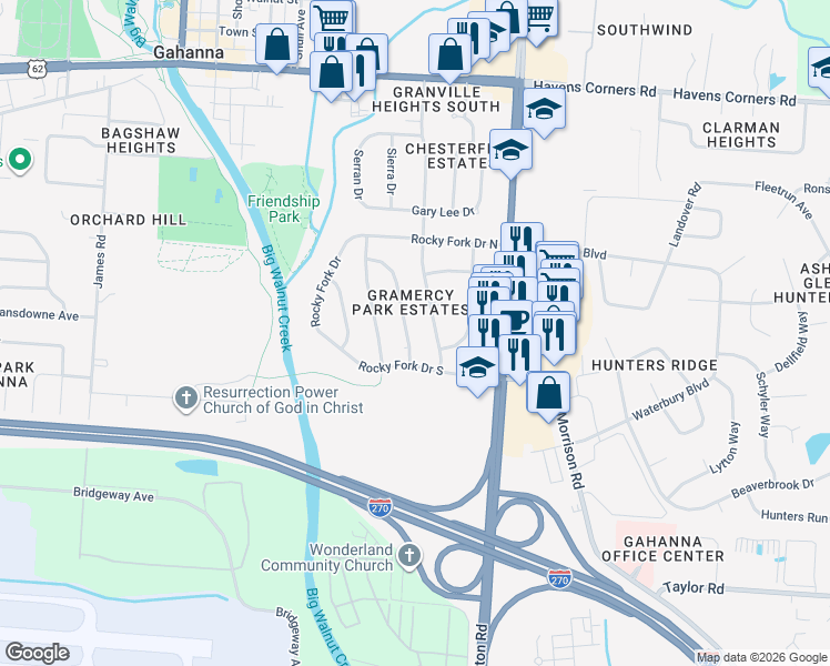 map of restaurants, bars, coffee shops, grocery stores, and more near 326 Broken Arrow Road in Columbus