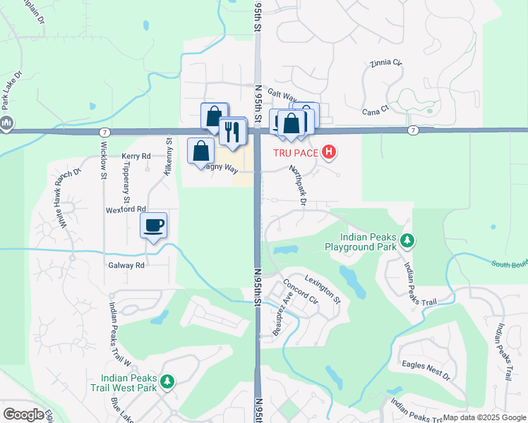 map of restaurants, bars, coffee shops, grocery stores, and more near 2683 Indian Peaks Trail in Lafayette
