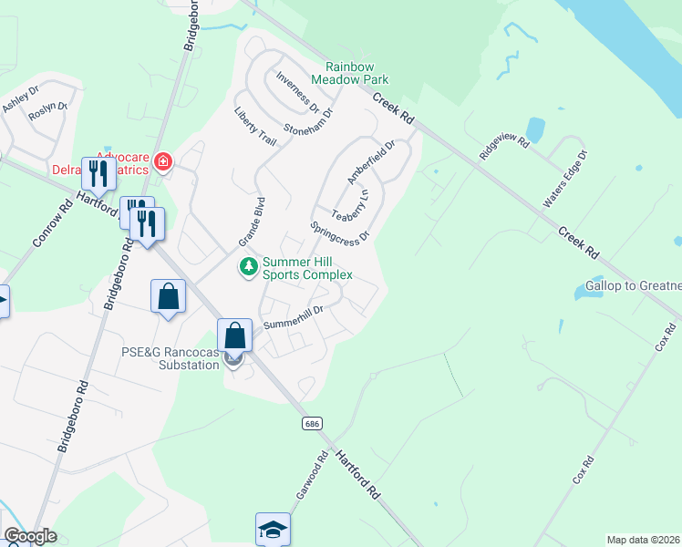 map of restaurants, bars, coffee shops, grocery stores, and more near 73 Foxglove Drive in Delran