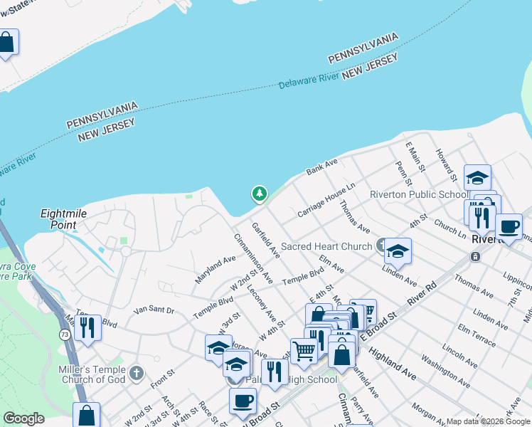 map of restaurants, bars, coffee shops, grocery stores, and more near 1 Morgan Avenue in Palmyra