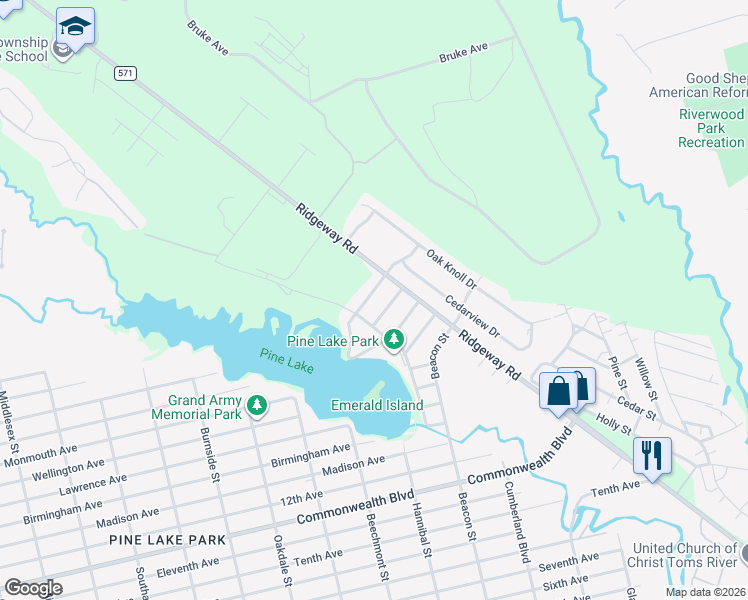 map of restaurants, bars, coffee shops, grocery stores, and more near 1744 Fairfield Street in Toms River