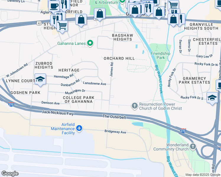 map of restaurants, bars, coffee shops, grocery stores, and more near James Road in Franklin County
