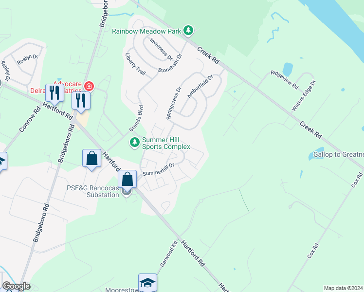 map of restaurants, bars, coffee shops, grocery stores, and more near 73 Foxglove Drive in Delran