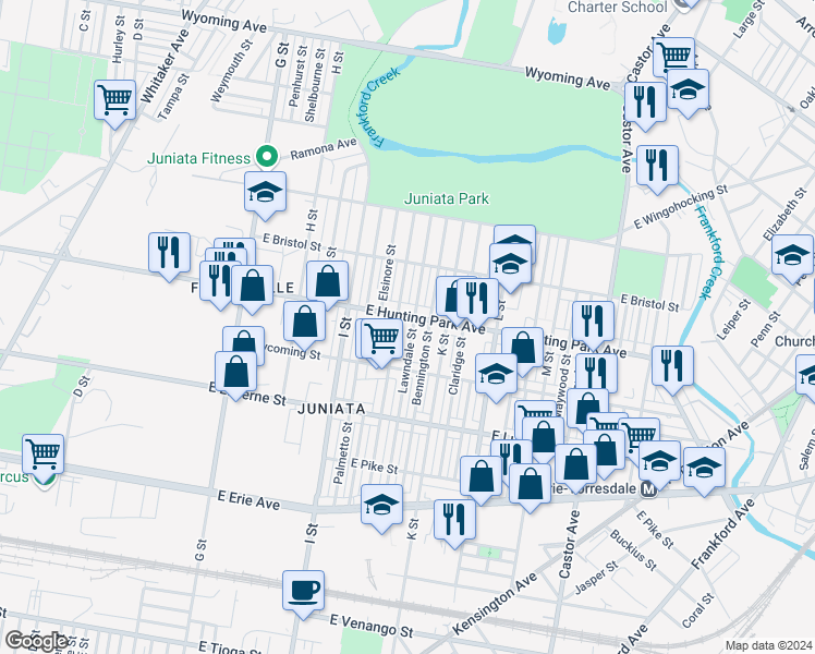map of restaurants, bars, coffee shops, grocery stores, and more near 4146 Lawndale Street in Philadelphia