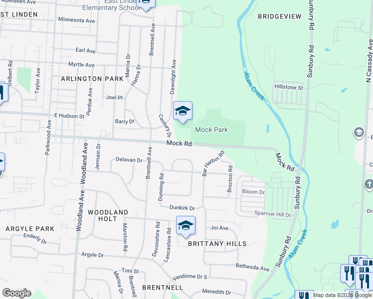 map of restaurants, bars, coffee shops, grocery stores, and more near 2487 Mock Road in Columbus