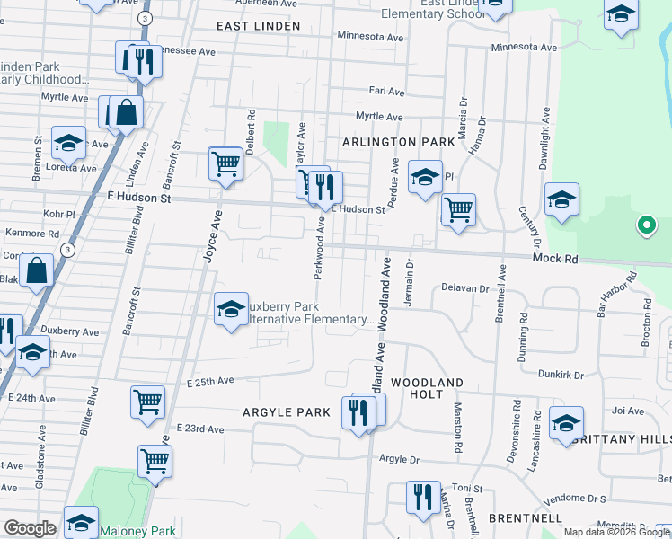 map of restaurants, bars, coffee shops, grocery stores, and more near 2097 Berrell Avenue in Columbus