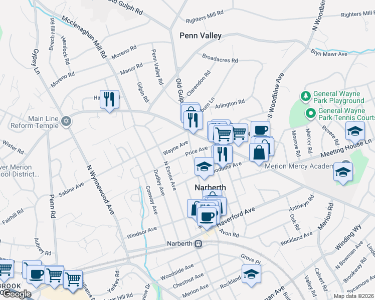 map of restaurants, bars, coffee shops, grocery stores, and more near 400 North Narberth Avenue in Narberth