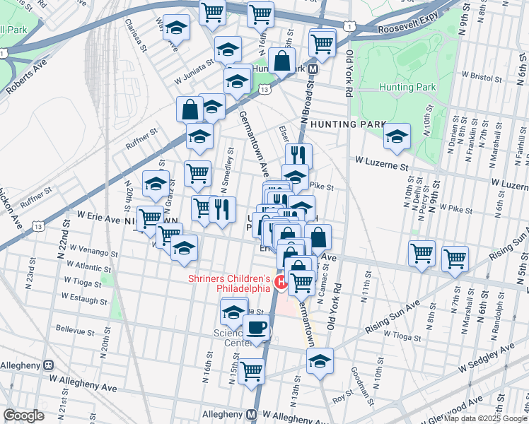 map of restaurants, bars, coffee shops, grocery stores, and more near 3759 North Sydenham Street in Philadelphia