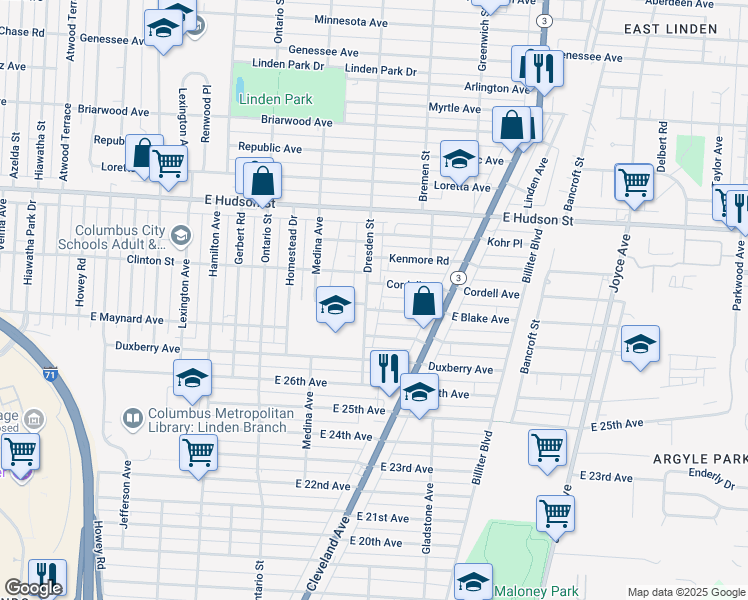 map of restaurants, bars, coffee shops, grocery stores, and more near 2186 Dresden Street in Columbus