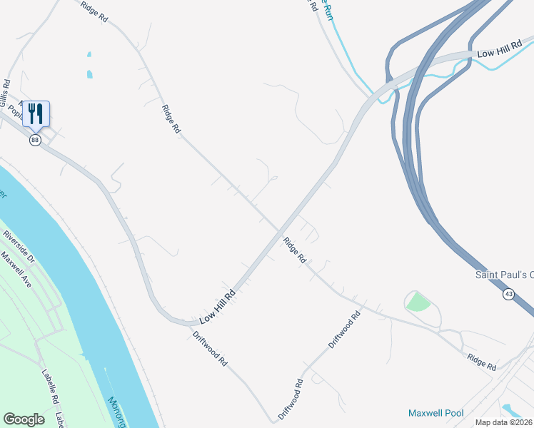 map of restaurants, bars, coffee shops, grocery stores, and more near 316 Ridge Road in Brownsville