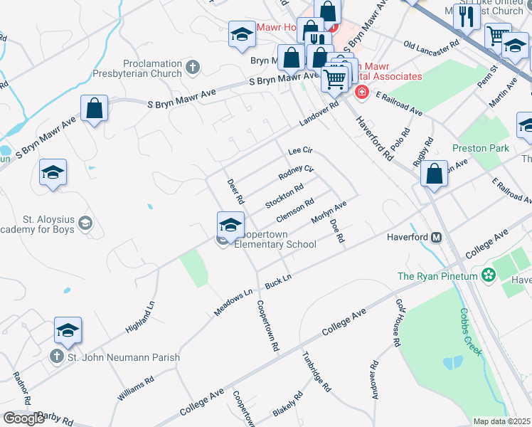 map of restaurants, bars, coffee shops, grocery stores, and more near 109 Stockton Road in Bryn Mawr