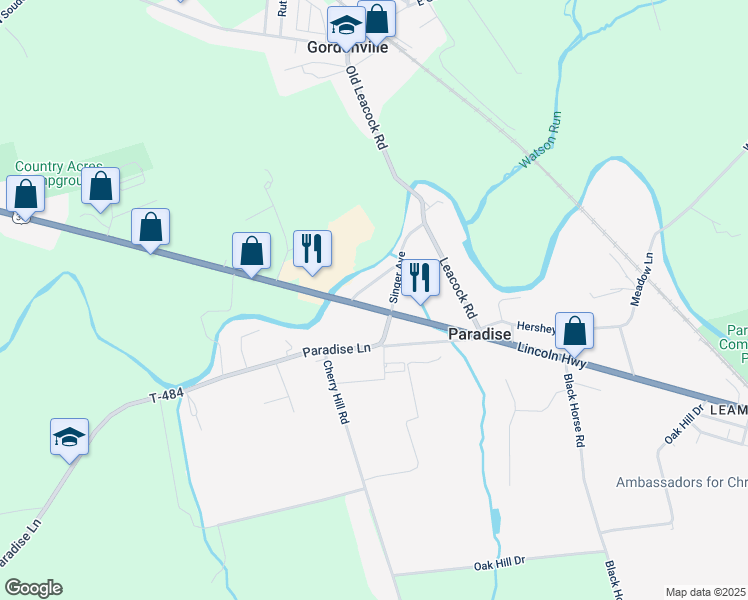 map of restaurants, bars, coffee shops, grocery stores, and more near 3079 Lincoln Highway East in Gordonville