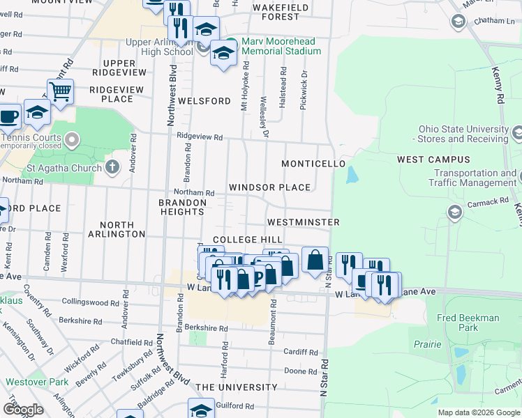map of restaurants, bars, coffee shops, grocery stores, and more near 2615 Wellesley Drive in Columbus