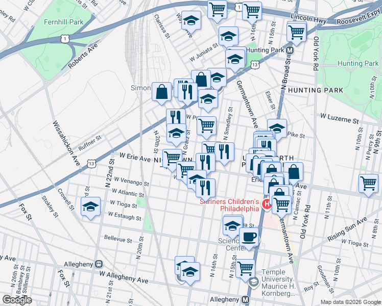 map of restaurants, bars, coffee shops, grocery stores, and more near in Philadelphia