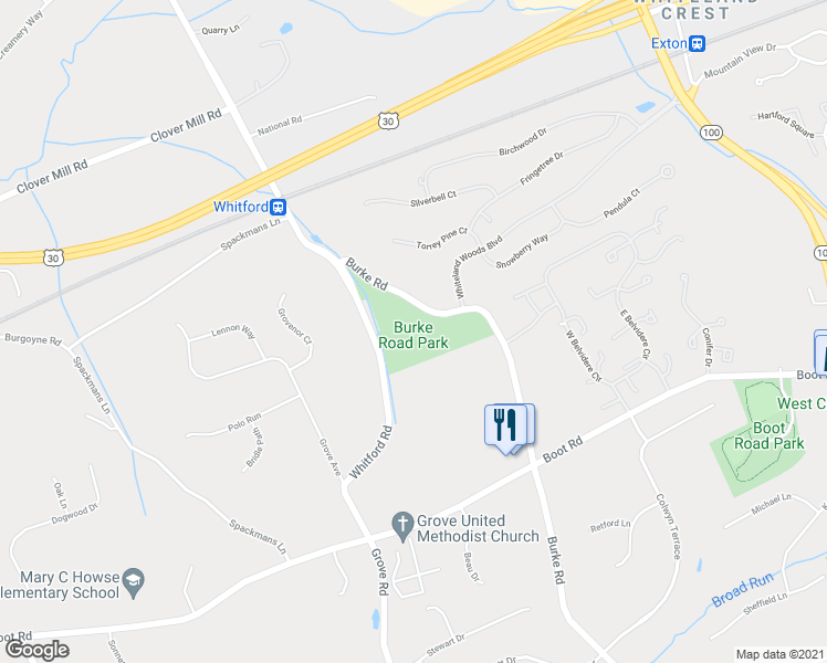 map of restaurants, bars, coffee shops, grocery stores, and more near 1500 Burke Road in Exton