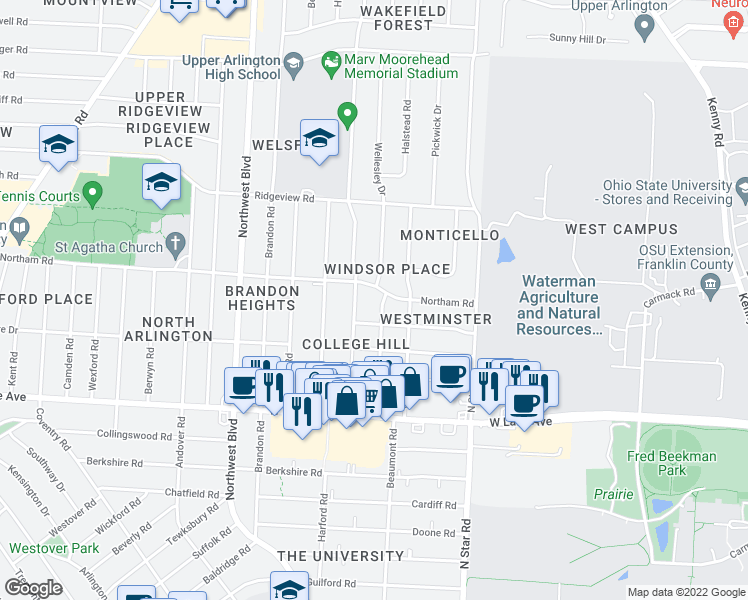 map of restaurants, bars, coffee shops, grocery stores, and more near 2615 Wellesley Drive in Columbus
