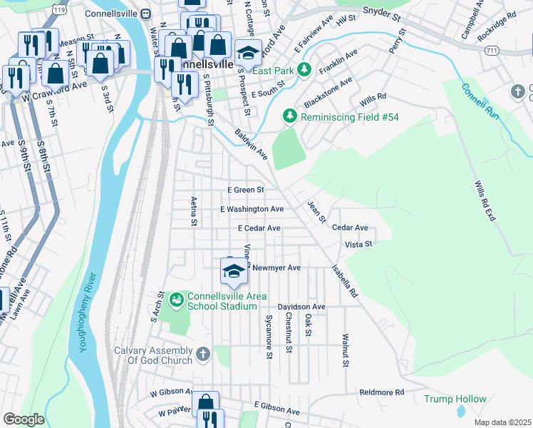 map of restaurants, bars, coffee shops, grocery stores, and more near 401 E Washington Ave in Connellsville
