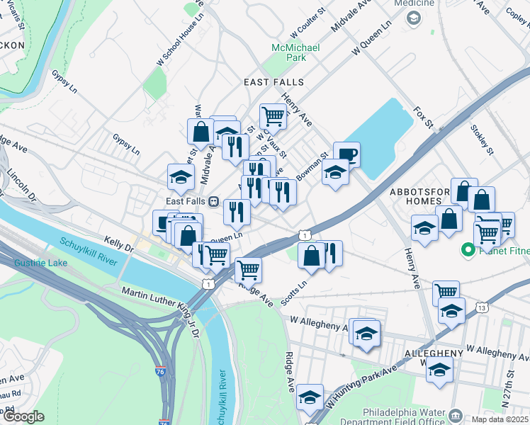 map of restaurants, bars, coffee shops, grocery stores, and more near 3512 Bowman Street in Philadelphia