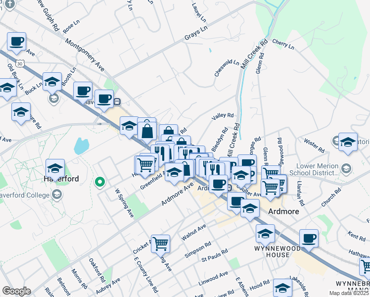 map of restaurants, bars, coffee shops, grocery stores, and more near 104 West Montgomery Avenue in Ardmore