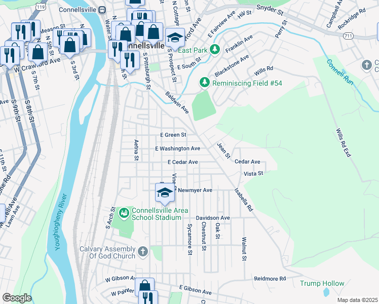 map of restaurants, bars, coffee shops, grocery stores, and more near 401 East Washington Avenue in Connellsville