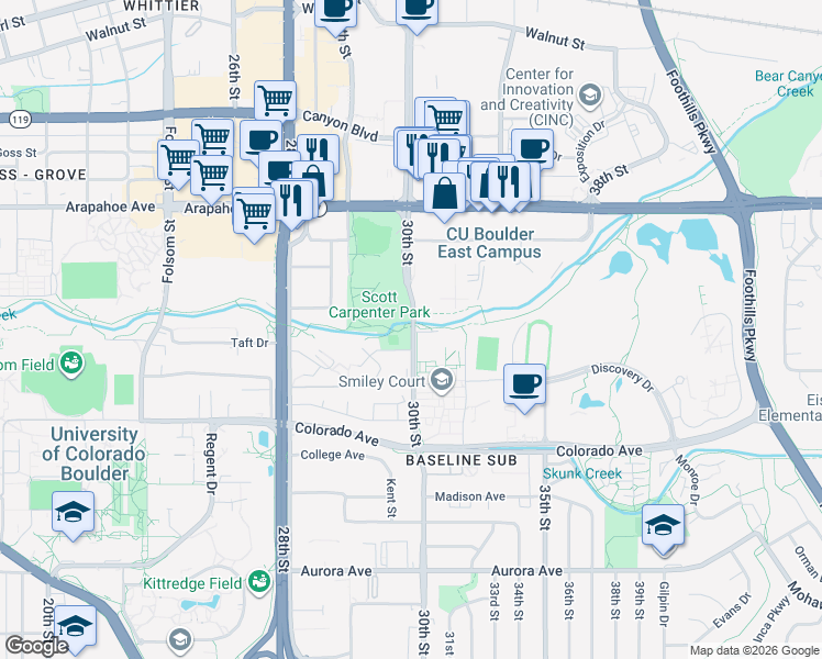 map of restaurants, bars, coffee shops, grocery stores, and more near 1374 30th Street in Boulder