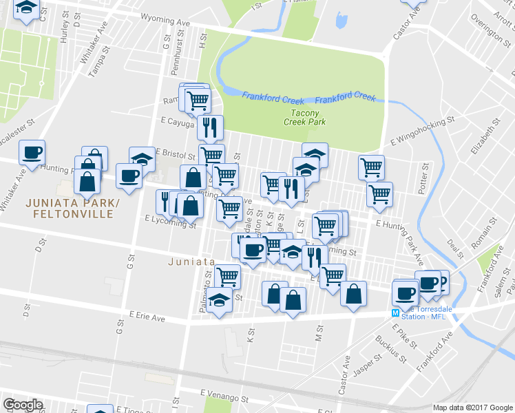 map of restaurants, bars, coffee shops, grocery stores, and more near 4150 Bennington Street in Philadelphia