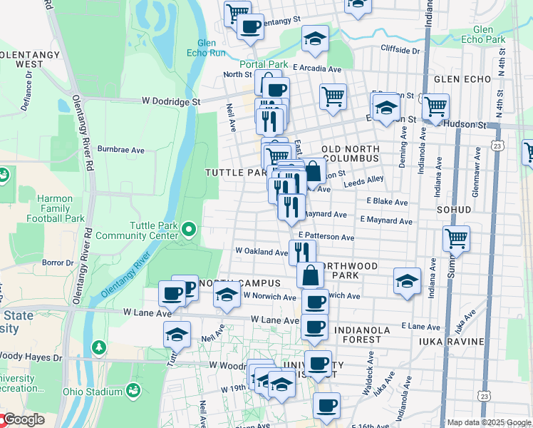 map of restaurants, bars, coffee shops, grocery stores, and more near 45 West Maynard Avenue in Columbus